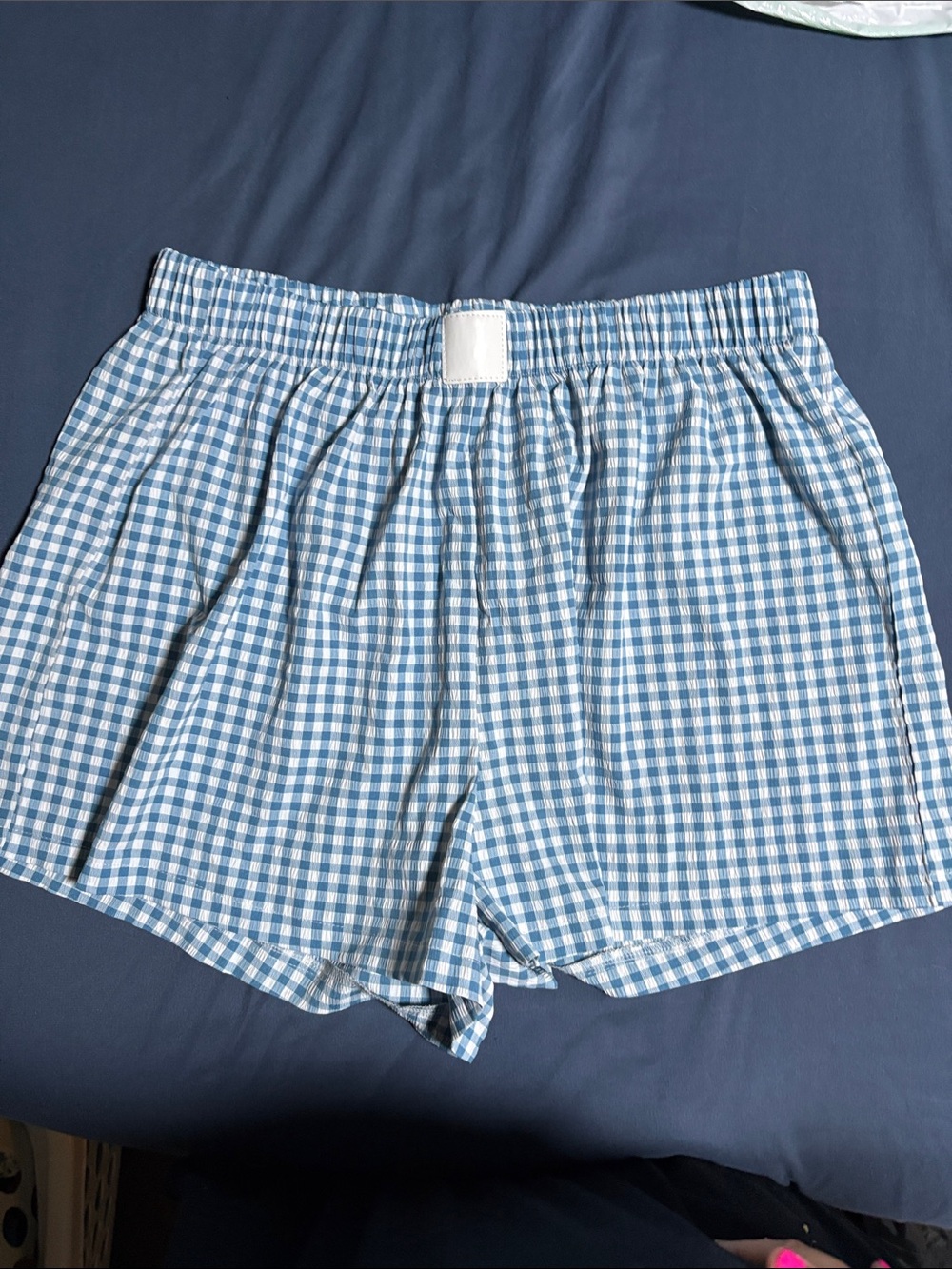 Women's Blue Gingham Elastic-Waist Shorts